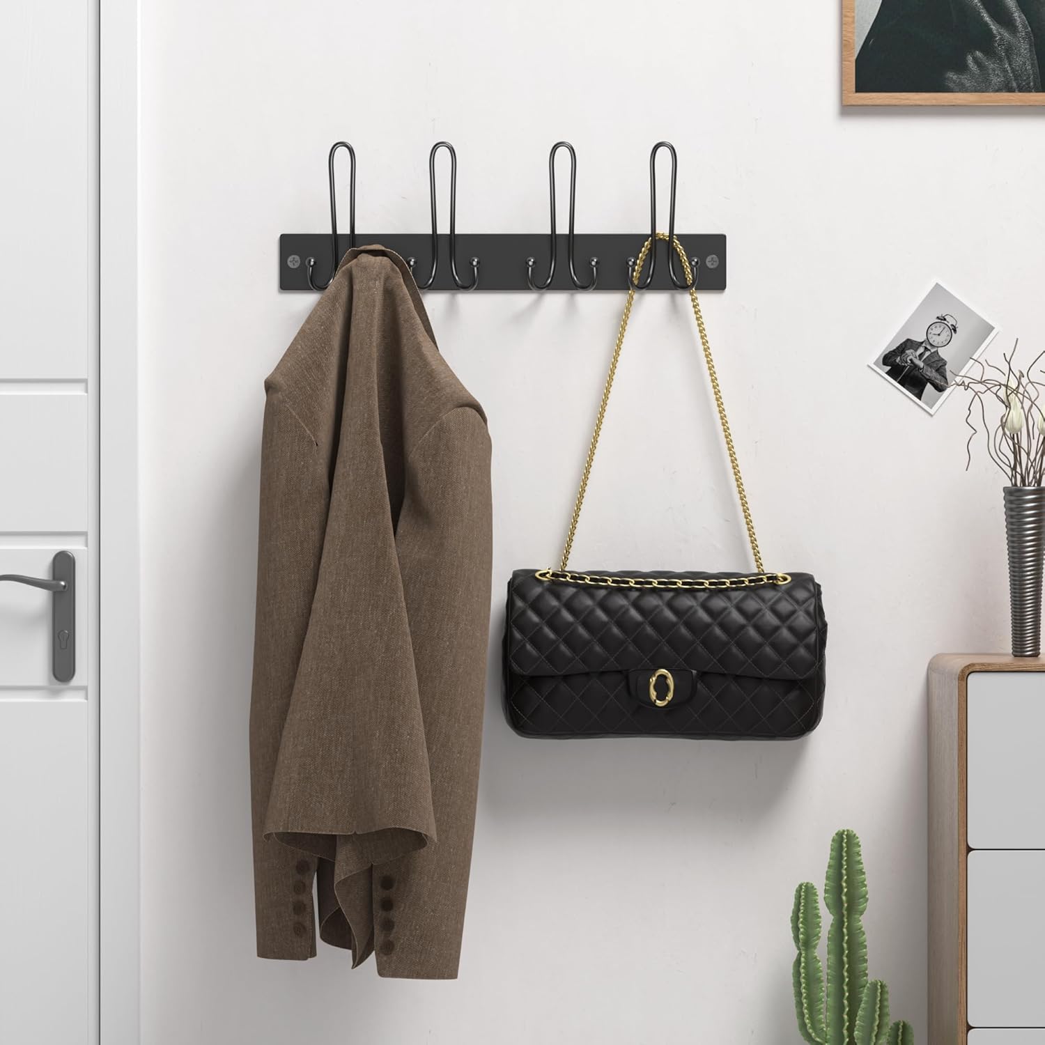 niffgaff Coat Rack Wall Mount - 4 Tri Coat Hooks Wall Mounted Hanging Coat, Jacket, Purse, Backpack, Clothes, Towel, Black Wall Hanger for Entryway, Bedroom, Bathroom, Living Room-5