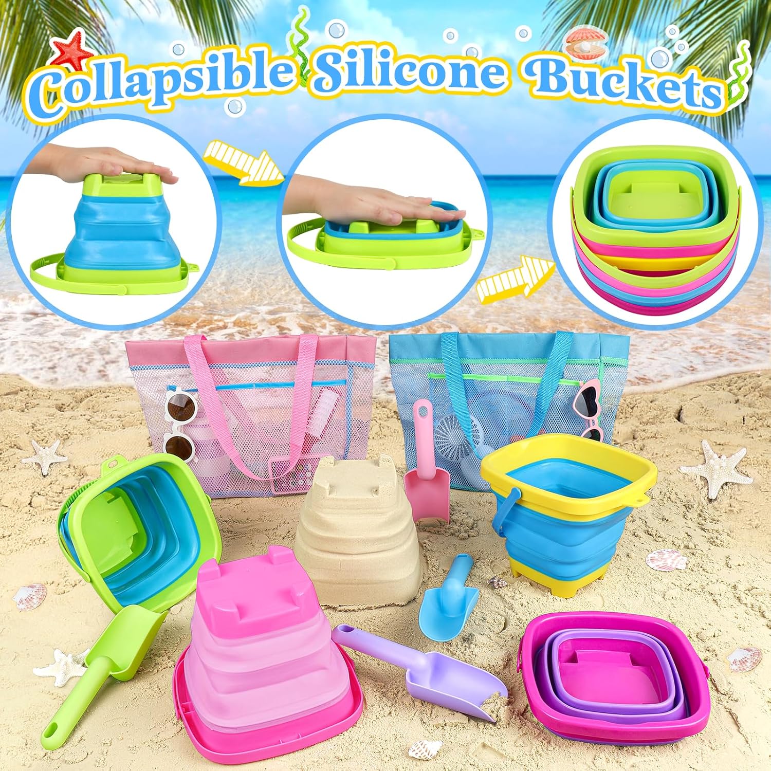 Collapsible Beach Buckets for Kids, Foldable Sand Buckets and Shovels with Mesh Beach Bag, Silicone Beach Sand Pails for Beach Travel, Beach Toys Sand Toys for Kids & Toddlers (4 Buckets)-1