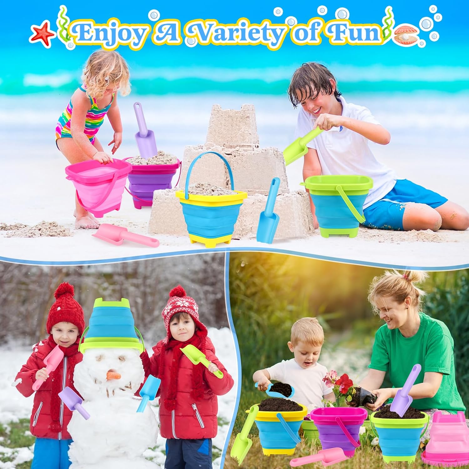 Collapsible Beach Buckets for Kids, Foldable Sand Buckets and Shovels with Mesh Beach Bag, Silicone Beach Sand Pails for Beach Travel, Beach Toys Sand Toys for Kids & Toddlers (4 Buckets)-4