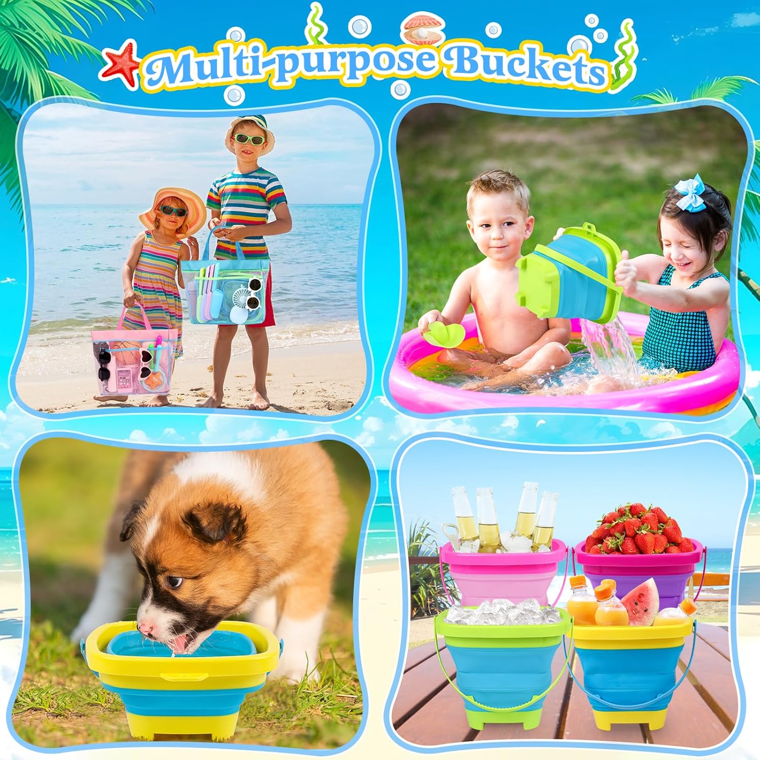 Collapsible Beach Buckets for Kids, Foldable Sand Buckets and Shovels with Mesh Beach Bag, Silicone Beach Sand Pails for Beach Travel, Beach Toys Sand Toys for Kids & Toddlers (4 Buckets)-5