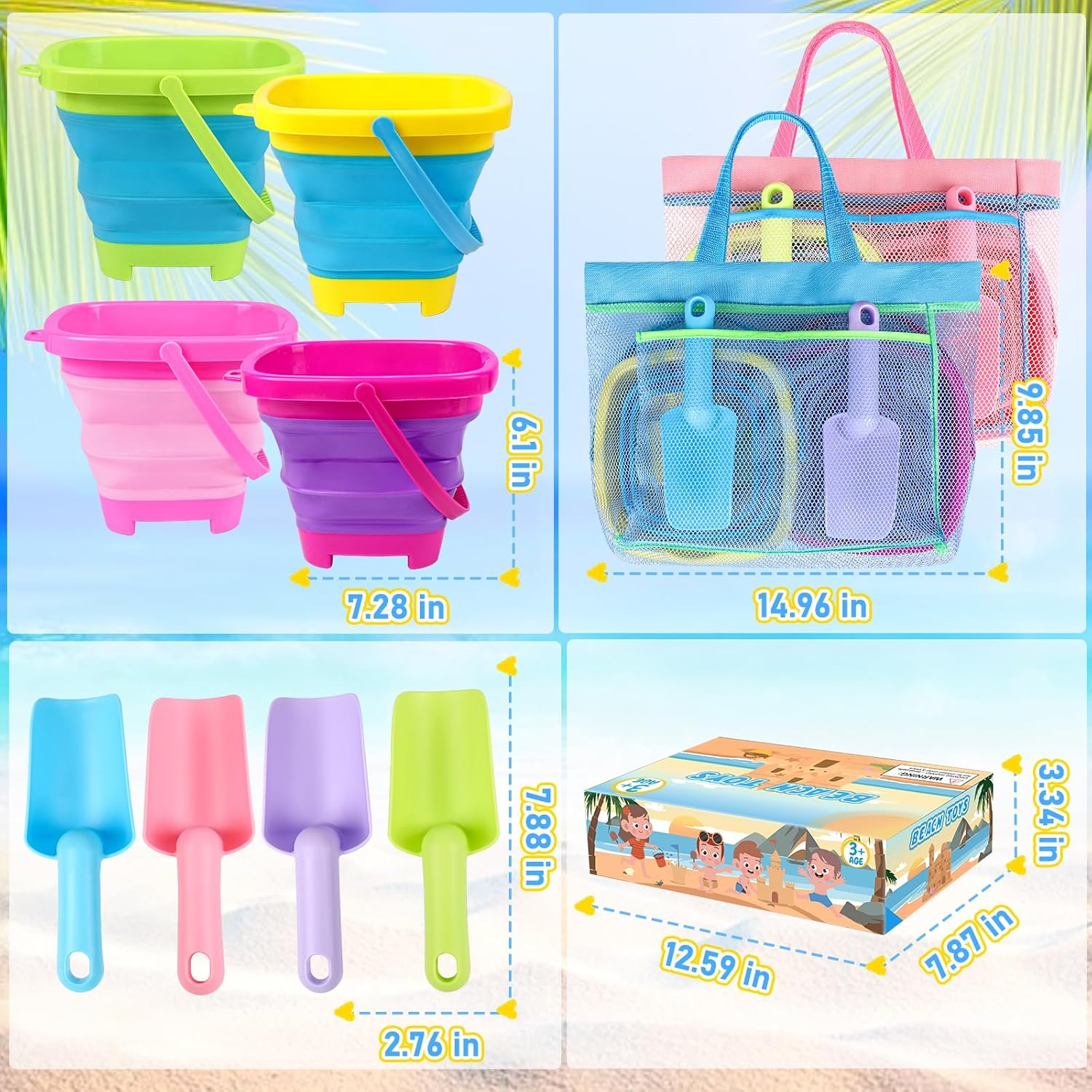 Collapsible Beach Buckets for Kids, Foldable Sand Buckets and Shovels with Mesh Beach Bag, Silicone Beach Sand Pails for Beach Travel, Beach Toys Sand Toys for Kids & Toddlers (4 Buckets)-6