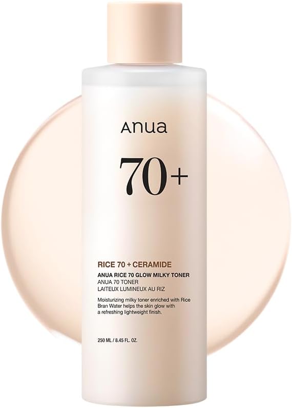 ANUA Rice 70 Glow Milky Toner, for Glass Skin and Brightening, Rice Water, Niacinamide, Ceramides, Panthenol, Fragrance-Free, Non comodogenic, Fungal Acne Safe, Korean Skin Care, 250ml/8.45fl.oz.-0