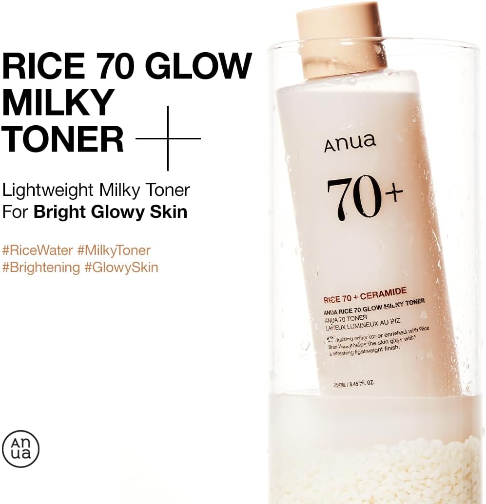 ANUA Rice 70 Glow Milky Toner, for Glass Skin and Brightening, Rice Water, Niacinamide, Ceramides, Panthenol, Fragrance-Free, Non comodogenic, Fungal Acne Safe, Korean Skin Care, 250ml/8.45fl.oz.-2