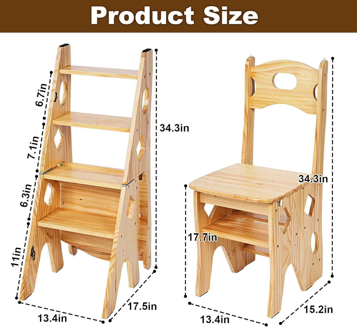 Library Chair Ladder Solid Folding Ladder Chair Wood 4-Step Stool Display Stand Flower Rack for Home,Library,Kitchen-1