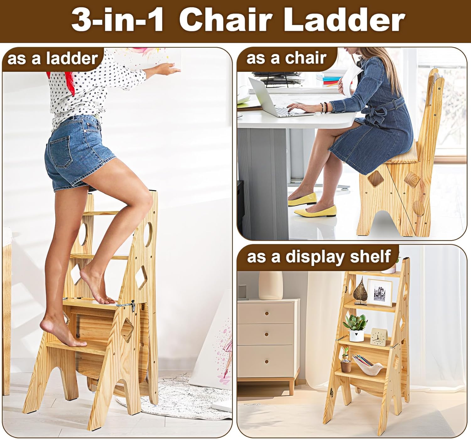 Library Chair Ladder Solid Folding Ladder Chair Wood 4-Step Stool Display Stand Flower Rack for Home,Library,Kitchen-2