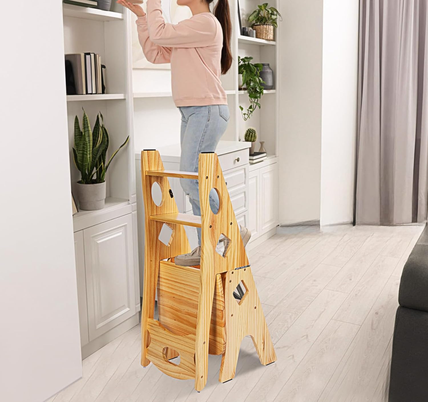 Library Chair Ladder Solid Folding Ladder Chair Wood 4-Step Stool Display Stand Flower Rack for Home,Library,Kitchen-6