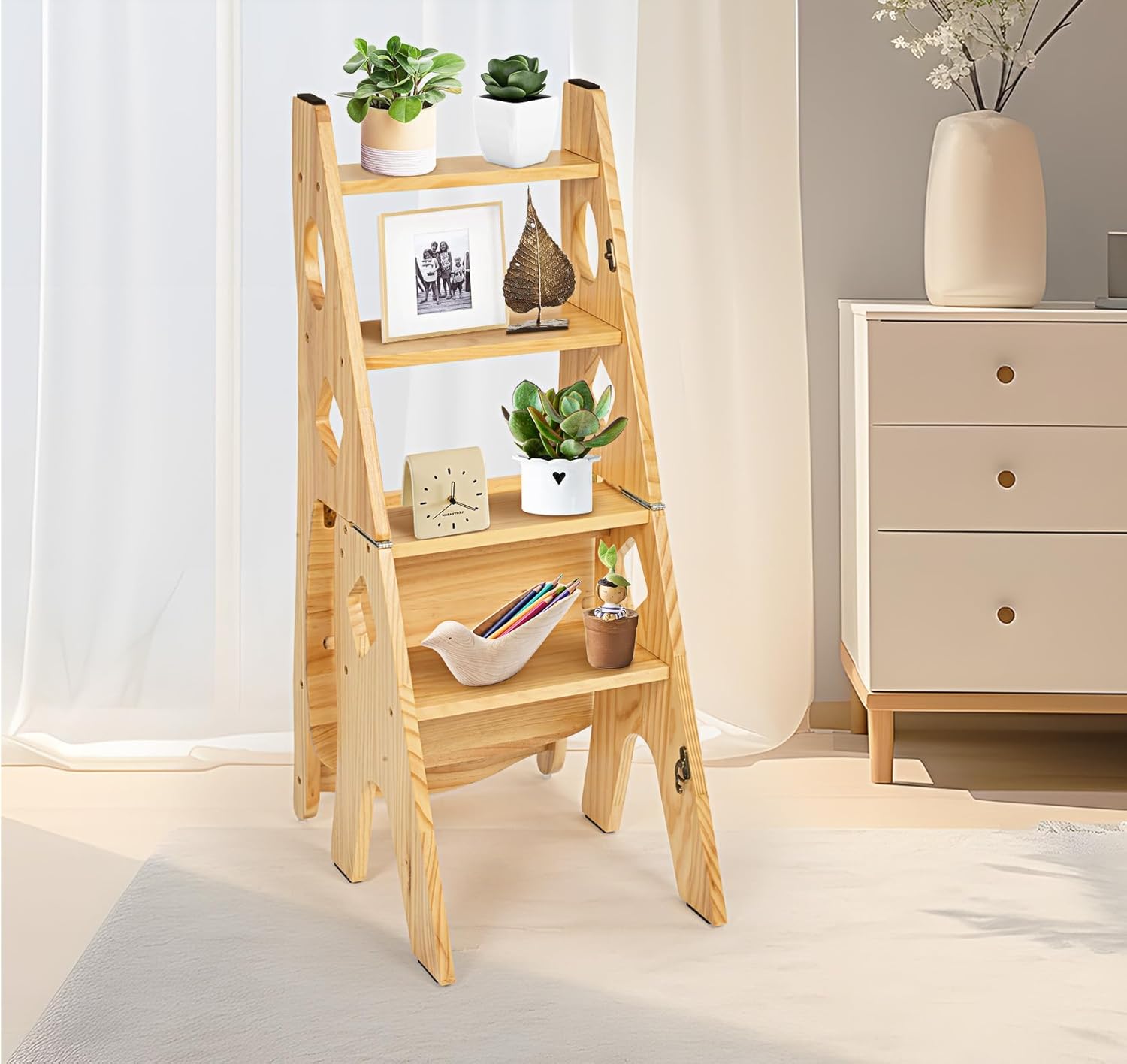 Library Chair Ladder Solid Folding Ladder Chair Wood 4-Step Stool Display Stand Flower Rack for Home,Library,Kitchen-7