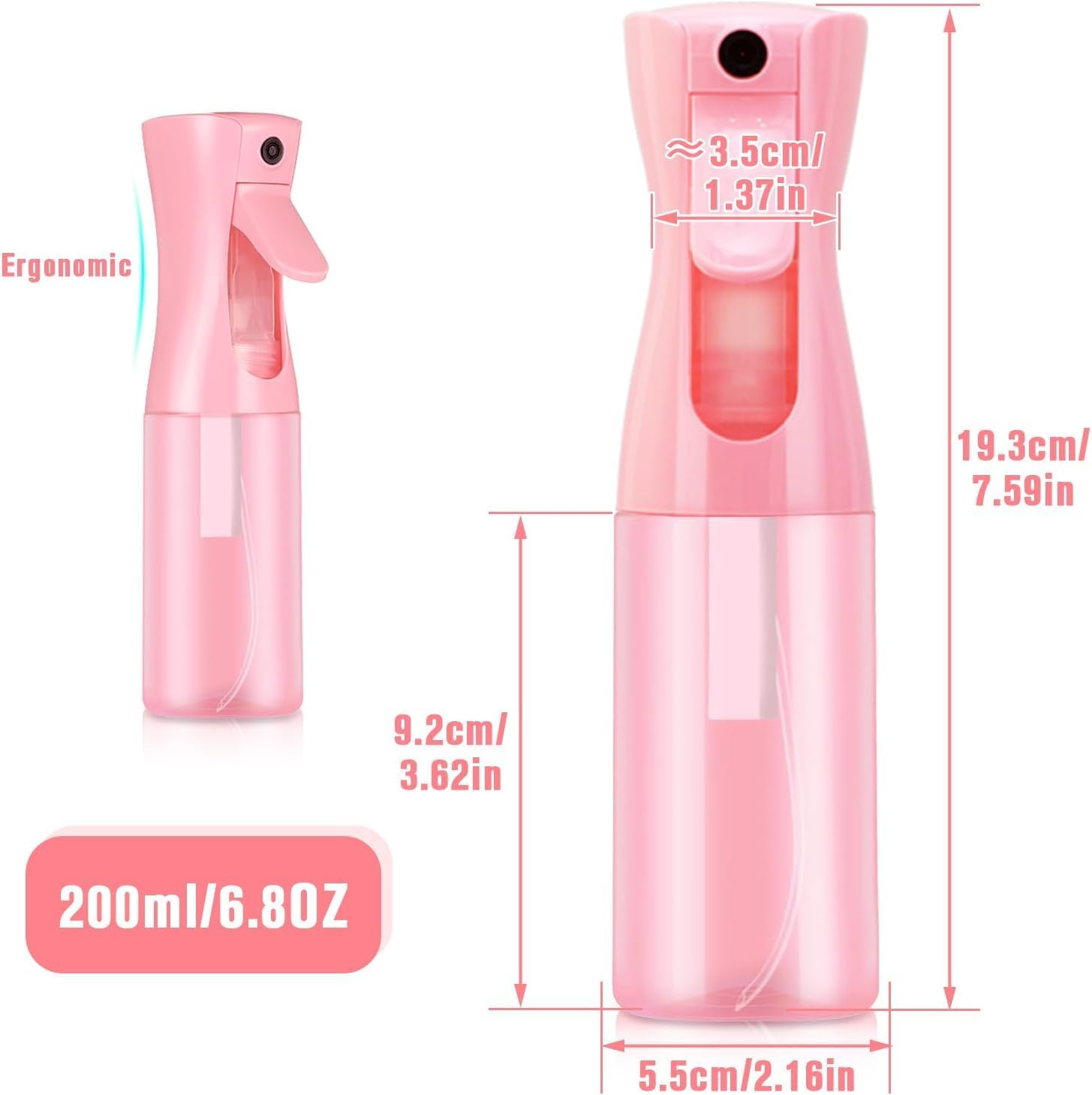 Empty Spray bottles, Spray Water Bottle Fine Mist Refillable, Continuous Spray Bottle for Hair, Skin Care, Showering Pets, Plants, travel, Cleaning and Ironing 6.8 Ounce (Pink)-3