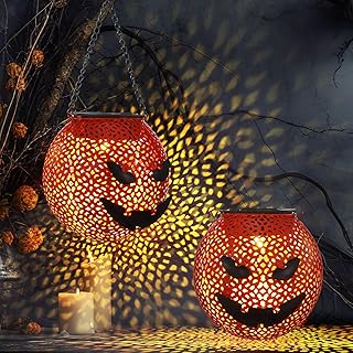 2 Pcs Metal Halloween Hanging Solar Lantern Outdoor Pumpkin Lanterns Portable Hanging Lights Decoration for LED Waterproof Solar Jack O Lantern Pumpkin for Backyard Garden Porch Tree Decor