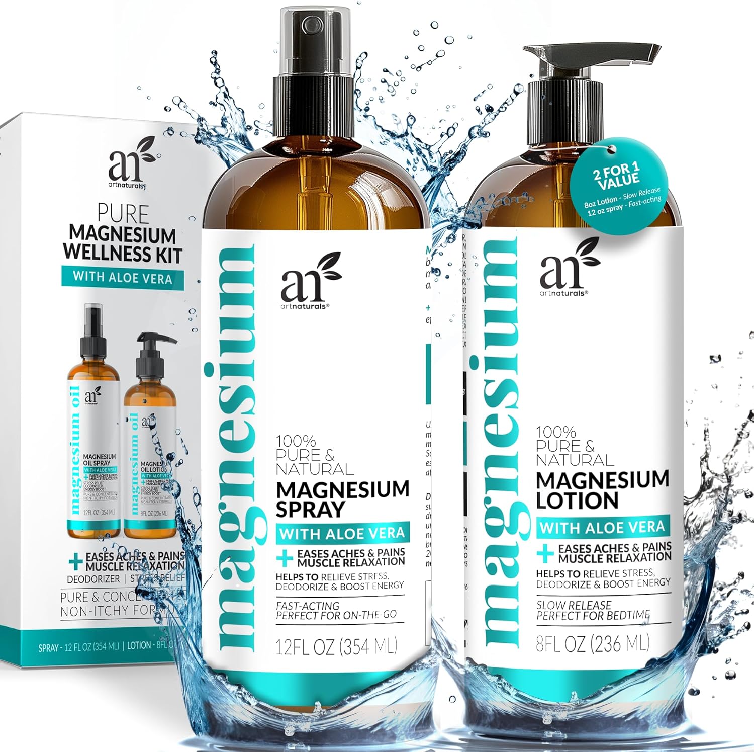 ArtNaturals Magnesium Oil Spray 12 oz + Body Lotion Set 8oz - Extra Strength Ultra-Pure Soothing Relief & Relaxation for Better Sleep, Muscle Health Leg & Joint Care W/a Less Itch, Non-Greasy Formula-0