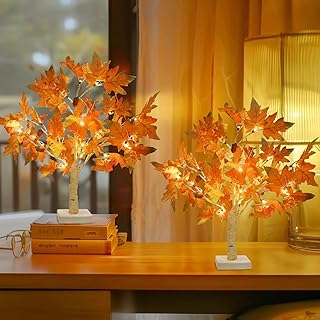 Luditek Fall Decor 2-Packs Maple Fall Light Up Tree w/ 24 Led 22-Inch White Tree Battery Operated for Fall Halloween Decorations Thanksgiving Christmas for Home Indoor Outdoor Table Bedroom