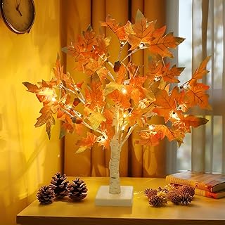 Luditek Fall Decorations Maple Fall Light Up Tree w/ 24 Led 22-Inch White Tree Battery Operated for Halloween Decor Thanksgiving Wedding Party for Home Indoor Outdoor Table Bedroom