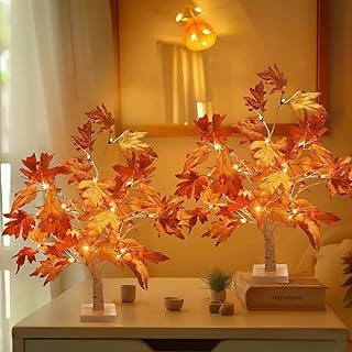 Luditek Fall Decor 2-Packs Maple Fall Light Up Tree w/ 24 Led 22 Inches White Artificial Tree Battery Operated for Halloween Decorations Thanksgiving Christmas for Home Indoor Outdoor Table Bedroom