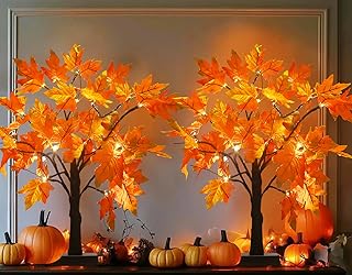 Luditek Fall Decorations for Home 2-Pack Maple Fall Light Up Tree w/ 24 Led 22 Inches Black Tree Battery Operated for Halloween Thanksgiving Fall Decor for Indoor Outdoor Table Bedroom Room