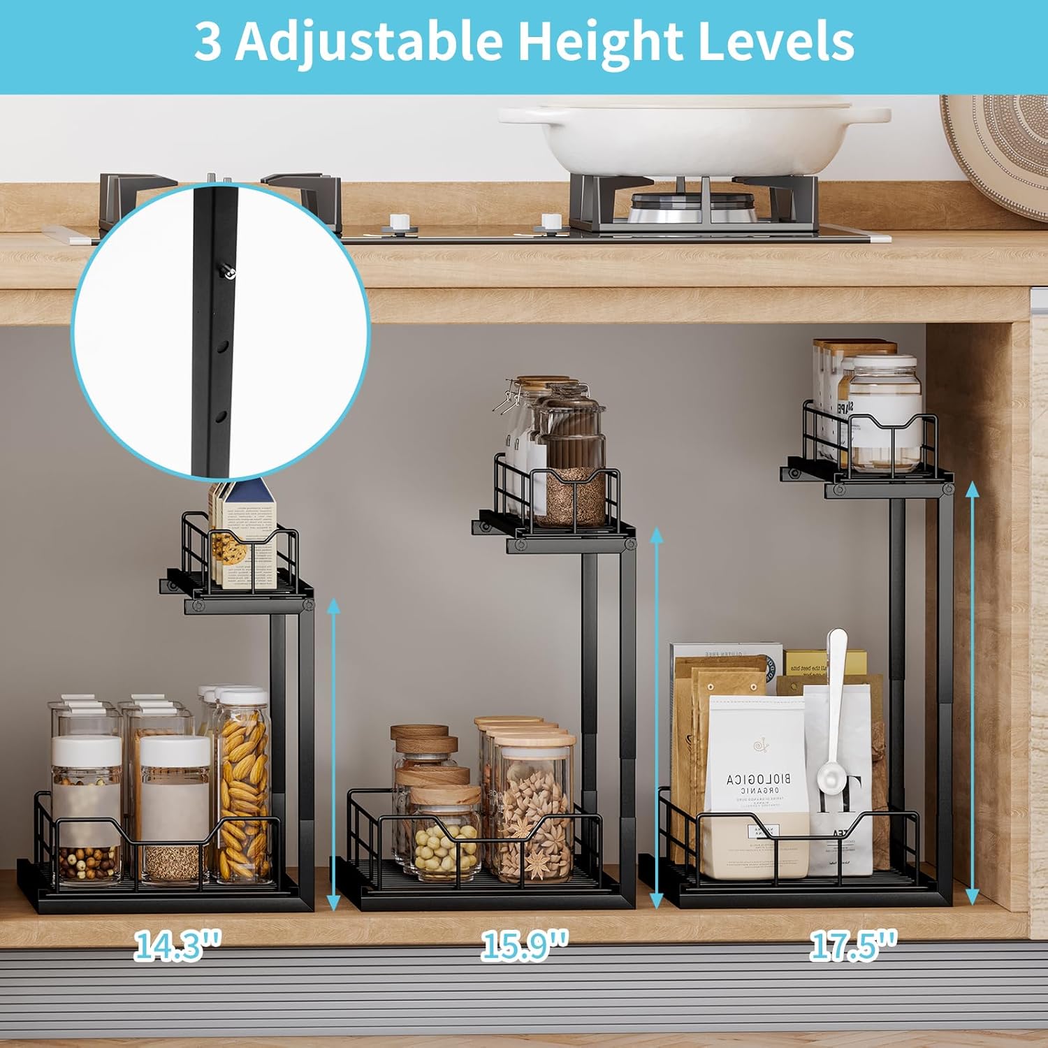 Fixwal 2 Pack Under Bathroom Sink Organizer and Storage, 2-Tier Adjustable Height Kitchen Bathroom Cabinet Organizers and Storage, Metal Pull Out Under Sink Storage for Kitchen Bathroom Cabinet Pantry-3