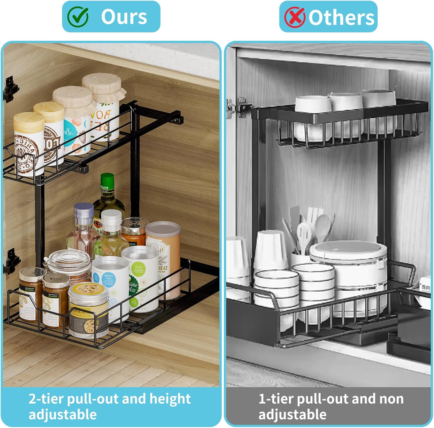 Fixwal 2 Pack Under Bathroom Sink Organizer and Storage, 2-Tier Adjustable Height Kitchen Bathroom Cabinet Organizers and Storage, Metal Pull Out Under Sink Storage for Kitchen Bathroom Cabinet Pantry-4