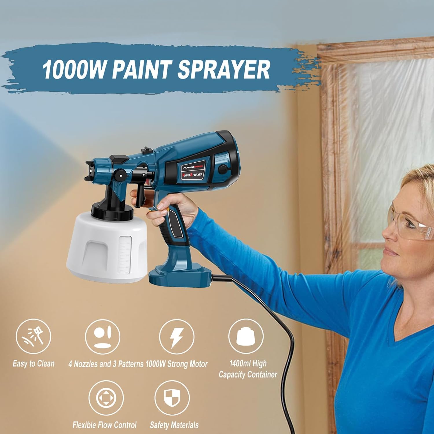 Paint-Sprayer-1000W-High-Power-Electric-Spray-Paint-Gun 1400ml High Capacity Container Easy to Clean for House Home Furniture Cabinets Fence Door Chairs Blue-3