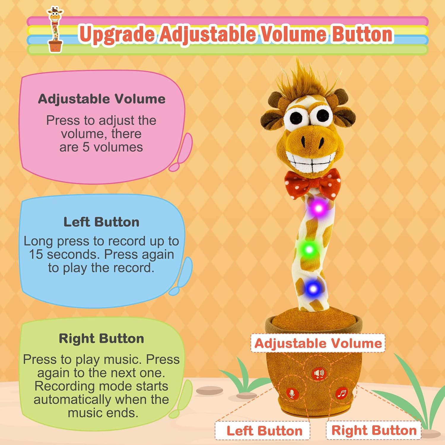 Ayeboovi Dancing Talking Giraffe Mimicking Toy for Boys and Girls, Kids Adjust Volume Talking Recording Repeating What You Say Light Up Plush Toddler Toy, Autism Toy Singing Giraffe with 120 Pcs Songs-3