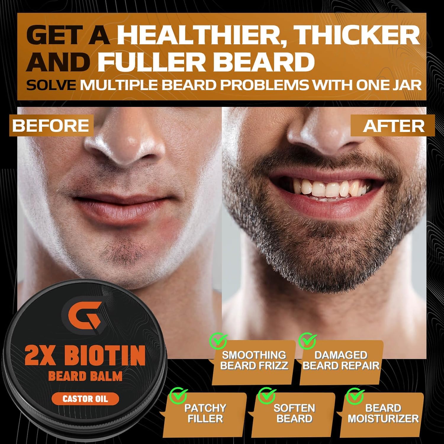 2X Biotin Beard Balm - Vegan Leave In Conditioner & Butter - Pure Natural Mustache Softener Wax with Castor Oil, Facial Hair Thickener, Moisturizer, Strengthener & Growth Cream for Men, 2 Oz.-1