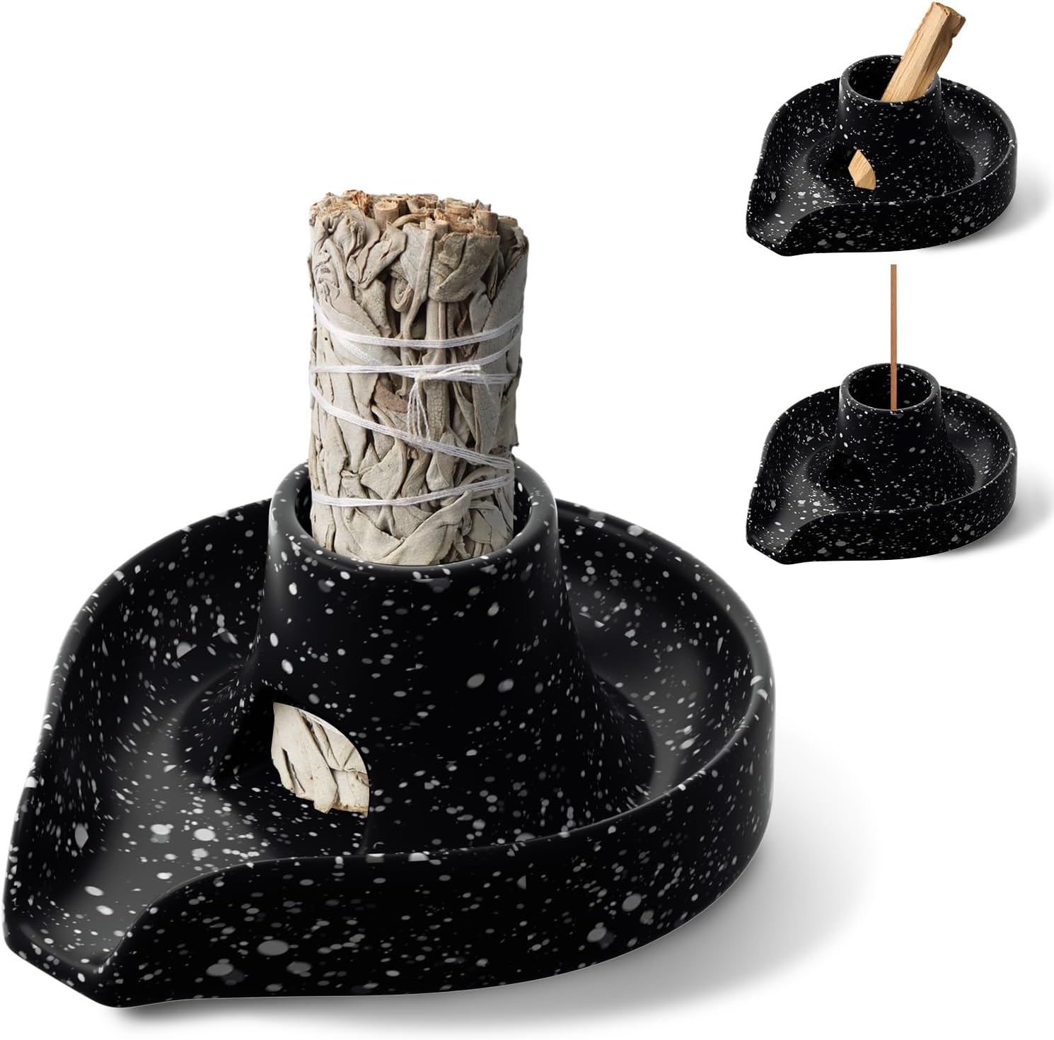 Incense Holder Palo Santo Holder White Sage Smudge Holder Smudge Stick Bowl Ceramics Burning Bowl for White Sage/Palo Santo Stick/Incense,Easy to Clean 3 in 1 White Sage Bundle Smudge Bowl,Black-0