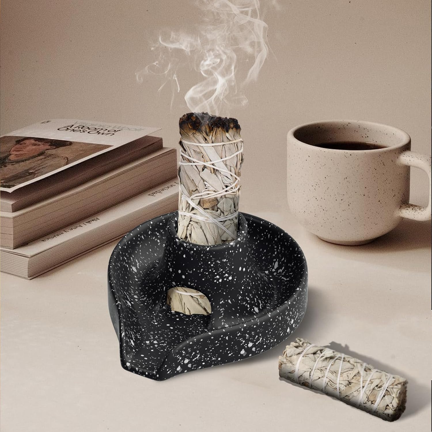 Incense Holder Palo Santo Holder White Sage Smudge Holder Smudge Stick Bowl Ceramics Burning Bowl for White Sage/Palo Santo Stick/Incense,Easy to Clean 3 in 1 White Sage Bundle Smudge Bowl,Black-1