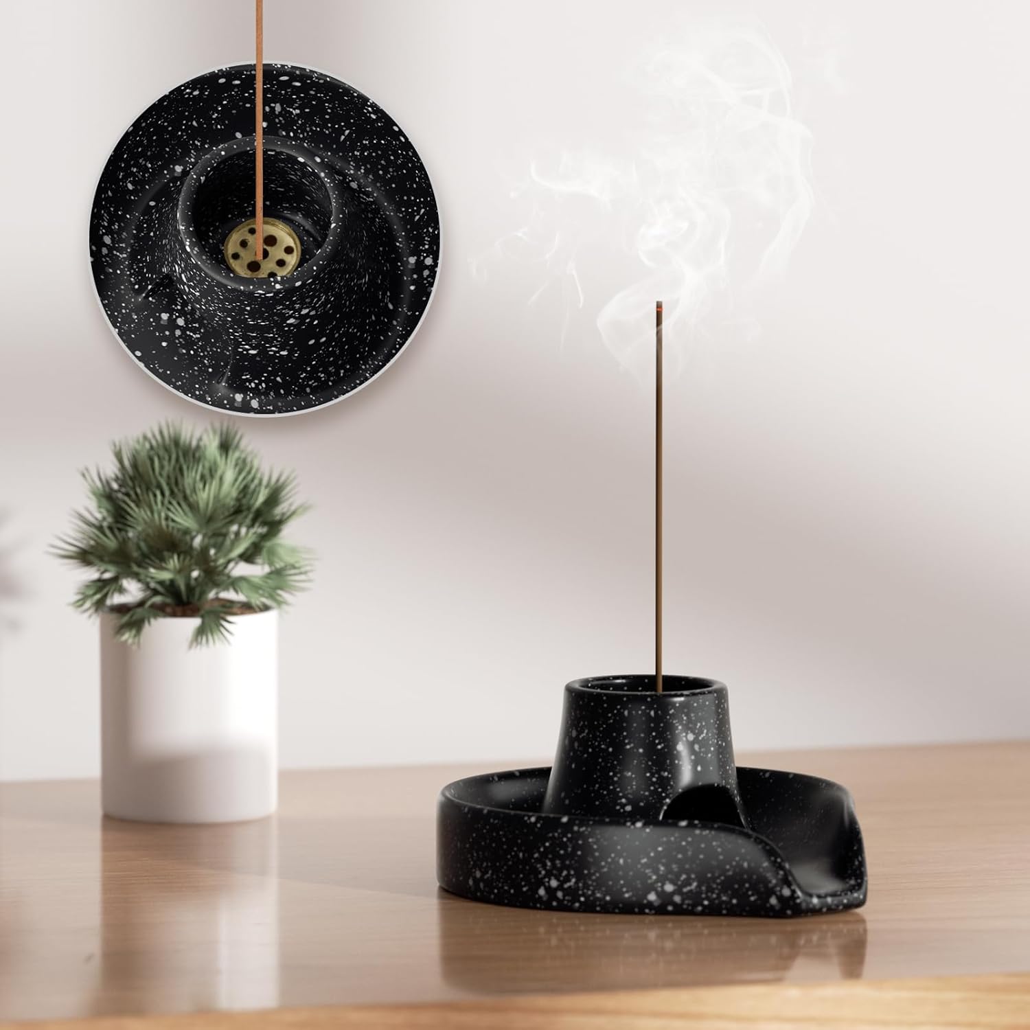 Incense Holder Palo Santo Holder White Sage Smudge Holder Smudge Stick Bowl Ceramics Burning Bowl for White Sage/Palo Santo Stick/Incense,Easy to Clean 3 in 1 White Sage Bundle Smudge Bowl,Black-3