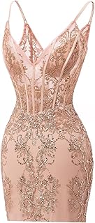 TIRAS Glitter V Neck Tight Homecoming Dresses for Teens Short Sparkly Lace Appliques Mini Party Dress