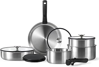 CAROTE 12pcs Pots and Pans Set, Stainless Steel Cookware Set Detachable Handle, Induction Kitchen Cookware Sets with Removable Handle, RV Cookware Set, Oven Safe, Camping Cookware, Black