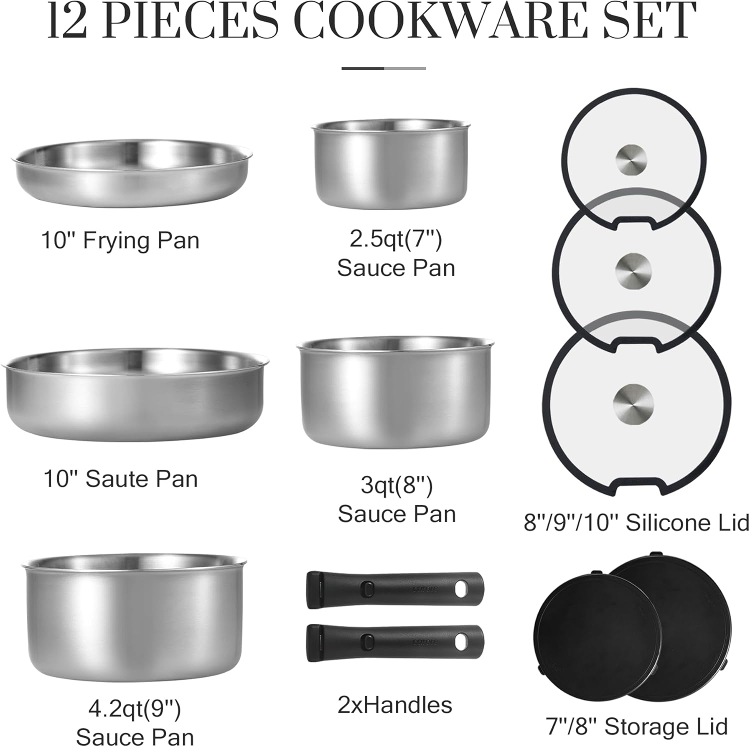 CAROTE 12pcs Pots and Pans Set, Stainless Steel Cookware Set Detachable Handle, Induction Kitchen Cookware Sets with Removable Handle, RV Cookware Set, Oven Safe, Camping Cookware, Black-1