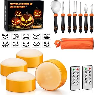 Luditek 4-Pack Halloween LED Pumpkin Lights for Inside Pumpkin w/Remote Timer, Battery Operated Flameless Candles Light with 7 PCS Carving Kit Tools and 10 Stencils, Orange Jack-O-Lantern Decorations