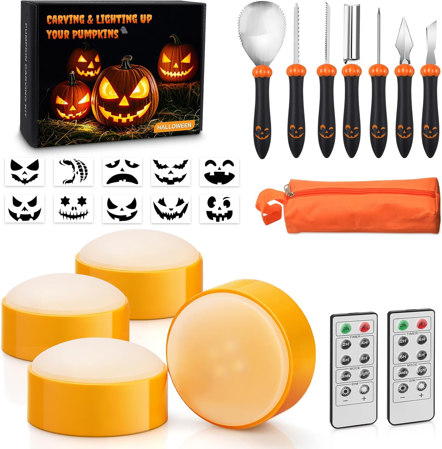 Luditek 4-Pack Halloween LED Pumpkin Lights for Inside Pumpkin w/Remote Timer, Battery Operated Flameless Candles Light with 7 PCS Carving Kit Tools and 10 Stencils, Orange Jack-O-Lantern Decorations-0