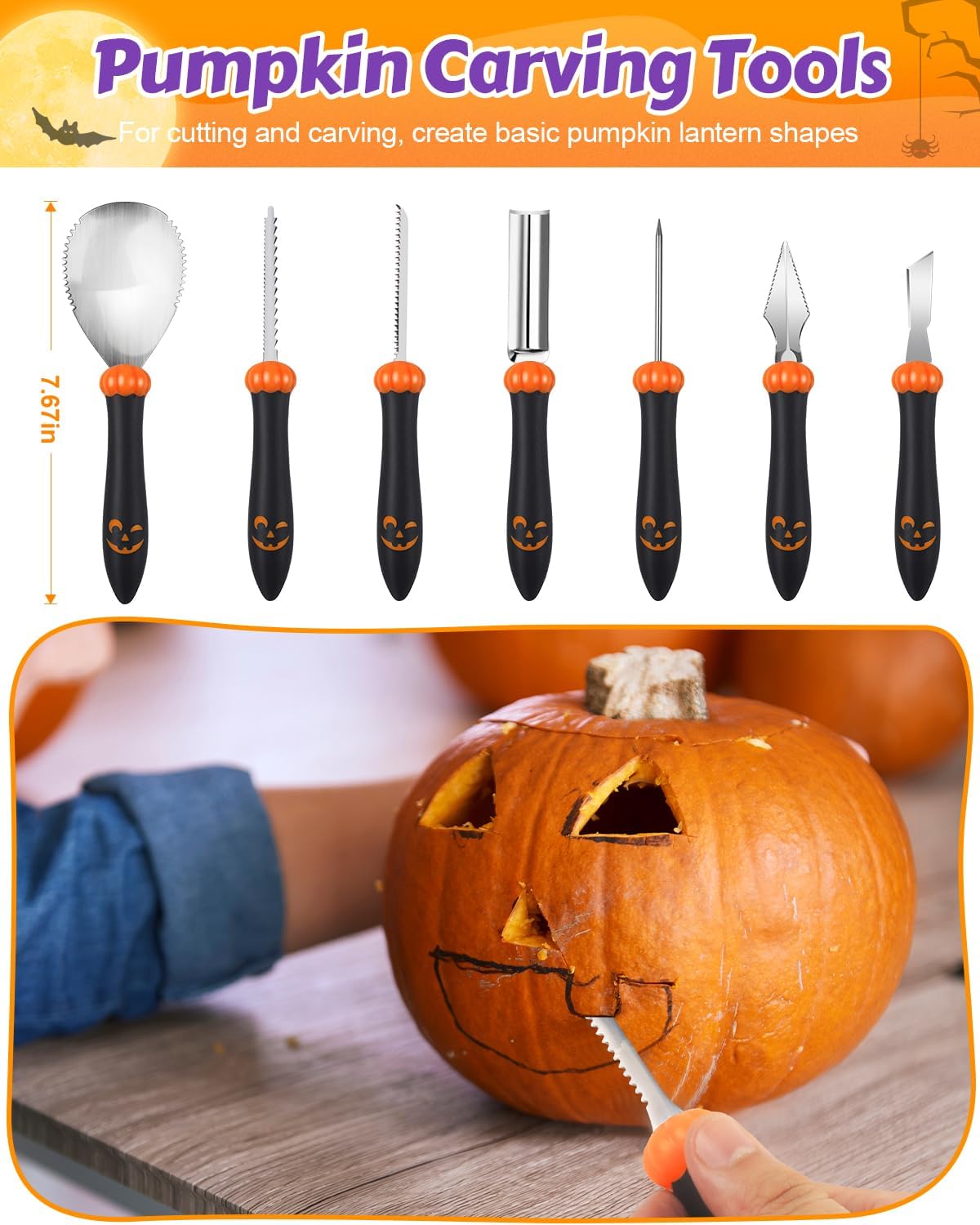 Luditek 4-Pack Halloween LED Pumpkin Lights for Inside Pumpkin w/Remote Timer, Battery Operated Flameless Candles Light with 7 PCS Carving Kit Tools and 10 Stencils, Orange Jack-O-Lantern Decorations-5