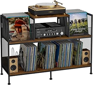 Vintage Vinyl Record Storage Stand – Large Capacity for 350 Albums, 4 Adjustable Dividers, Stylish Mid-Century Design with Extra Top and Middle Spaces, Sturdy and Durable (Patent Pending)