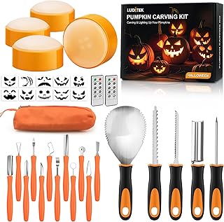 Luditek Pumpkin Carving Kit, 17 PCS Professional Stainless Steel Pumpkin Carving Tools with 4 Electronic Candles Lights and 10 Stencils, Halloween Gifts Jack-O-Lanterns Cutting for Adults Kids