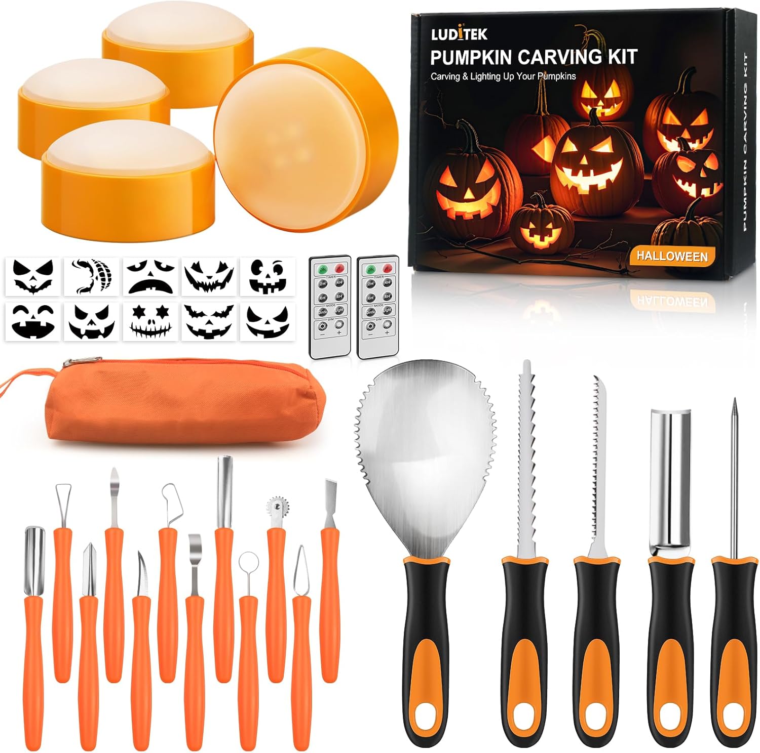 Luditek Pumpkin Carving Kit, 17 PCS Professional Stainless Steel Pumpkin Carving Tools with 4 Electronic Candles Lights and 10 Stencils, Halloween Gifts Jack-O-Lanterns Cutting for Adults Kids-0