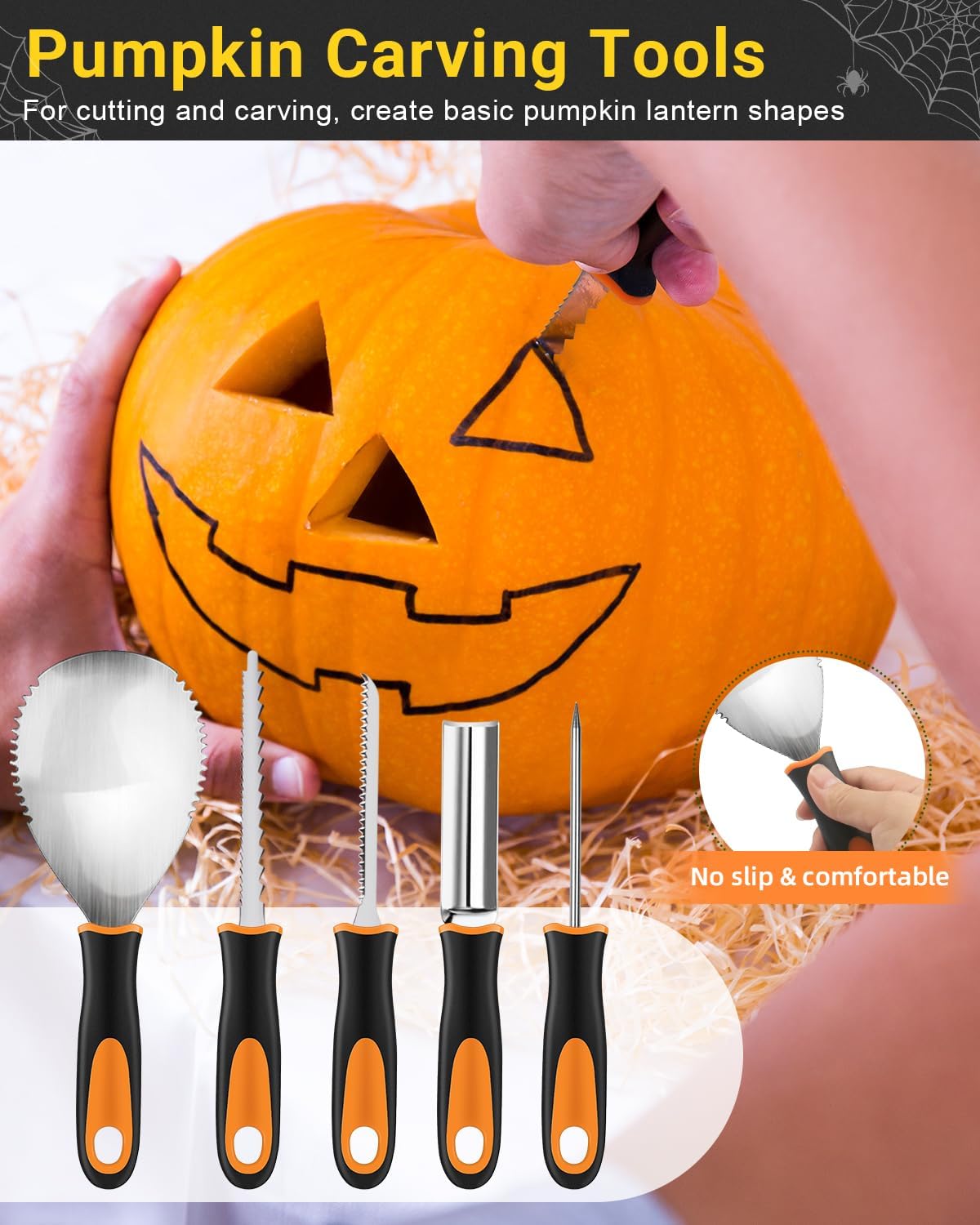 Luditek Pumpkin Carving Kit, 17 PCS Professional Stainless Steel Pumpkin Carving Tools with 4 Electronic Candles Lights and 10 Stencils, Halloween Gifts Jack-O-Lanterns Cutting for Adults Kids-1