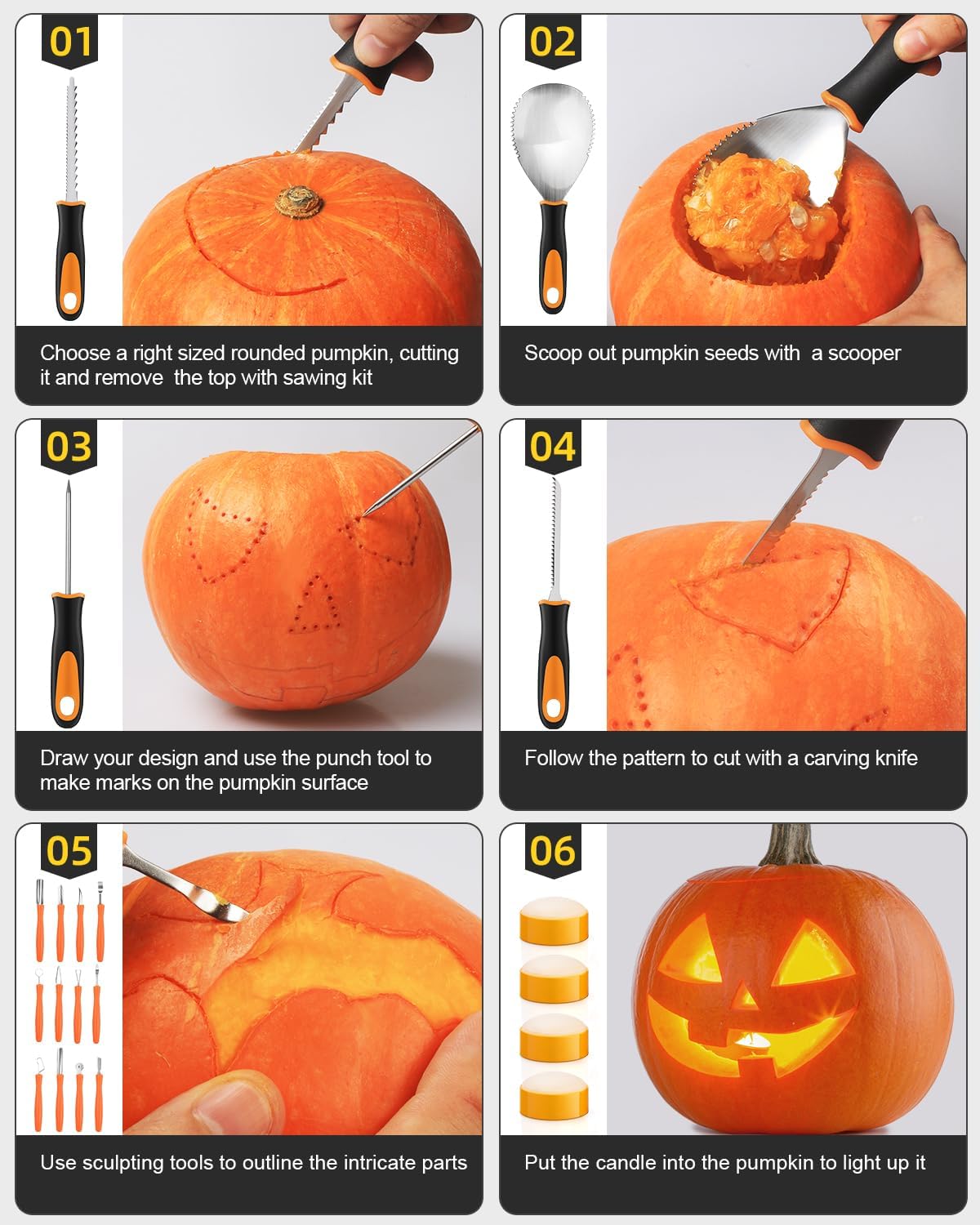 Luditek Pumpkin Carving Kit, 17 PCS Professional Stainless Steel Pumpkin Carving Tools with 4 Electronic Candles Lights and 10 Stencils, Halloween Gifts Jack-O-Lanterns Cutting for Adults Kids-4