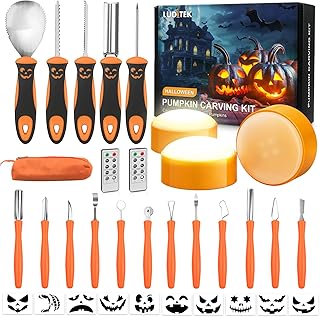 Luditek Pumpkin Carving Kit, 17 PCS Professional Stainless Steel Pumpkin Carving Tools with 3 Electronic Candles Lights and 10 Stencils, Jack-O-Lanterns Cutting Halloween Gifts for Adults