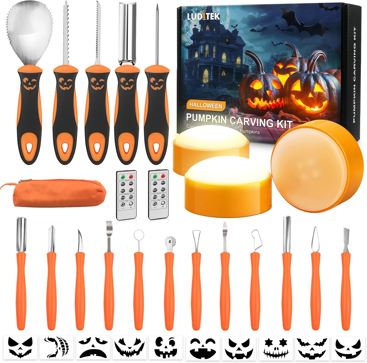 Luditek Pumpkin Carving Kit, 17 PCS Professional Stainless Steel Pumpkin Carving Tools with 3 Electronic Candles Lights and 10 Stencils, Jack-O-Lanterns Cutting Halloween Gifts for Adults-0