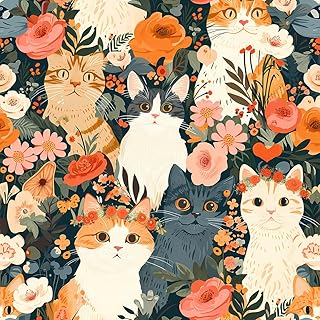 REDAMANCY Cute Dark Grey/Black/Beige Cat Pink Orange Flowers Garden Peel and Stick Wallpaper Stick on Contact Paper Vintage Wall Paper Easy Peel Off for nightstand Drawer Cabinet Renter