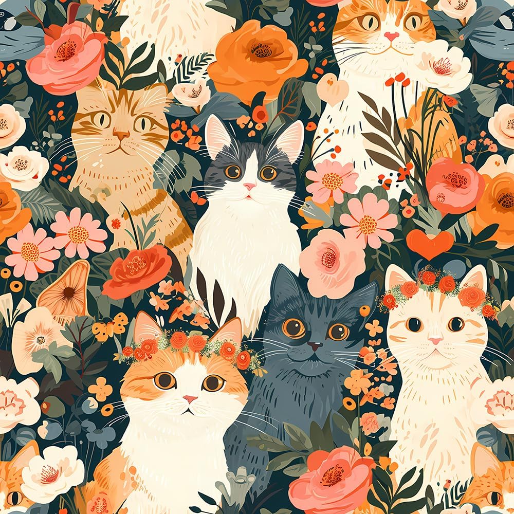 REDAMANCY Cute Dark Grey/Black/Beige Cat Pink Orange Flowers Garden Peel and Stick Wallpaper Stick on Contact Paper Vintage Wall Paper Easy Peel Off for nightstand Drawer Cabinet Renter-0