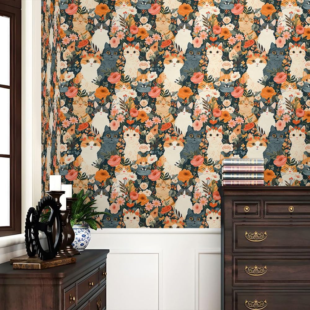 REDAMANCY Cute Dark Grey/Black/Beige Cat Pink Orange Flowers Garden Peel and Stick Wallpaper Stick on Contact Paper Vintage Wall Paper Easy Peel Off for nightstand Drawer Cabinet Renter-1