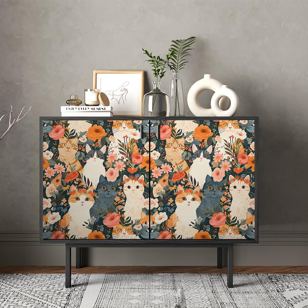 REDAMANCY Cute Dark Grey/Black/Beige Cat Pink Orange Flowers Garden Peel and Stick Wallpaper Stick on Contact Paper Vintage Wall Paper Easy Peel Off for nightstand Drawer Cabinet Renter-3