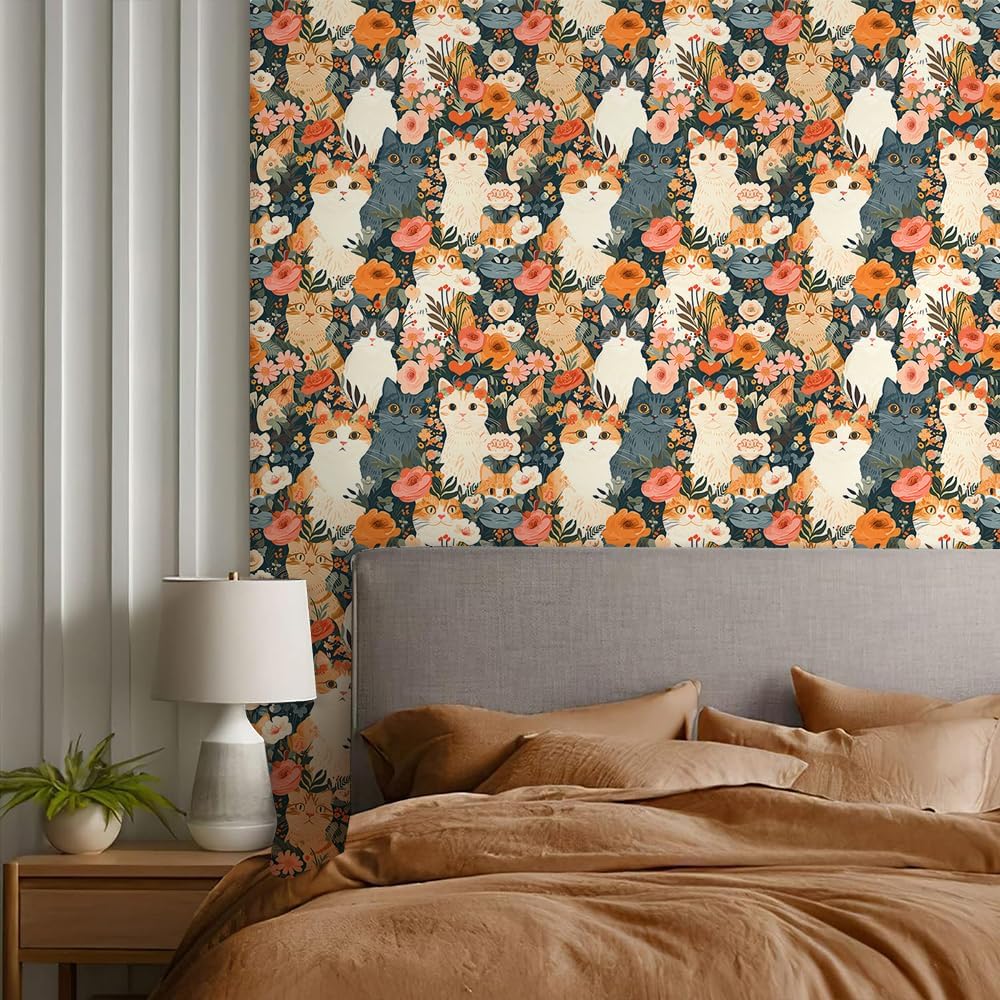 REDAMANCY Cute Dark Grey/Black/Beige Cat Pink Orange Flowers Garden Peel and Stick Wallpaper Stick on Contact Paper Vintage Wall Paper Easy Peel Off for nightstand Drawer Cabinet Renter-5