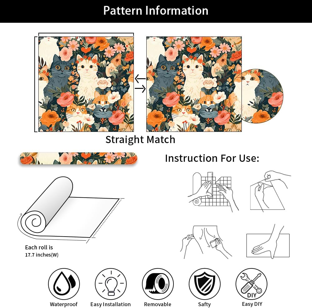 REDAMANCY Cute Dark Grey/Black/Beige Cat Pink Orange Flowers Garden Peel and Stick Wallpaper Stick on Contact Paper Vintage Wall Paper Easy Peel Off for nightstand Drawer Cabinet Renter-6