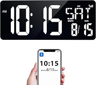 XREXS 17.2" Digital Wall Clock with Remote Control, Bluetooth Sync Time LED Digital Clock for Living Room Decor, Auto DST, Temperature for Living Room, Gift for Elderly and Teens