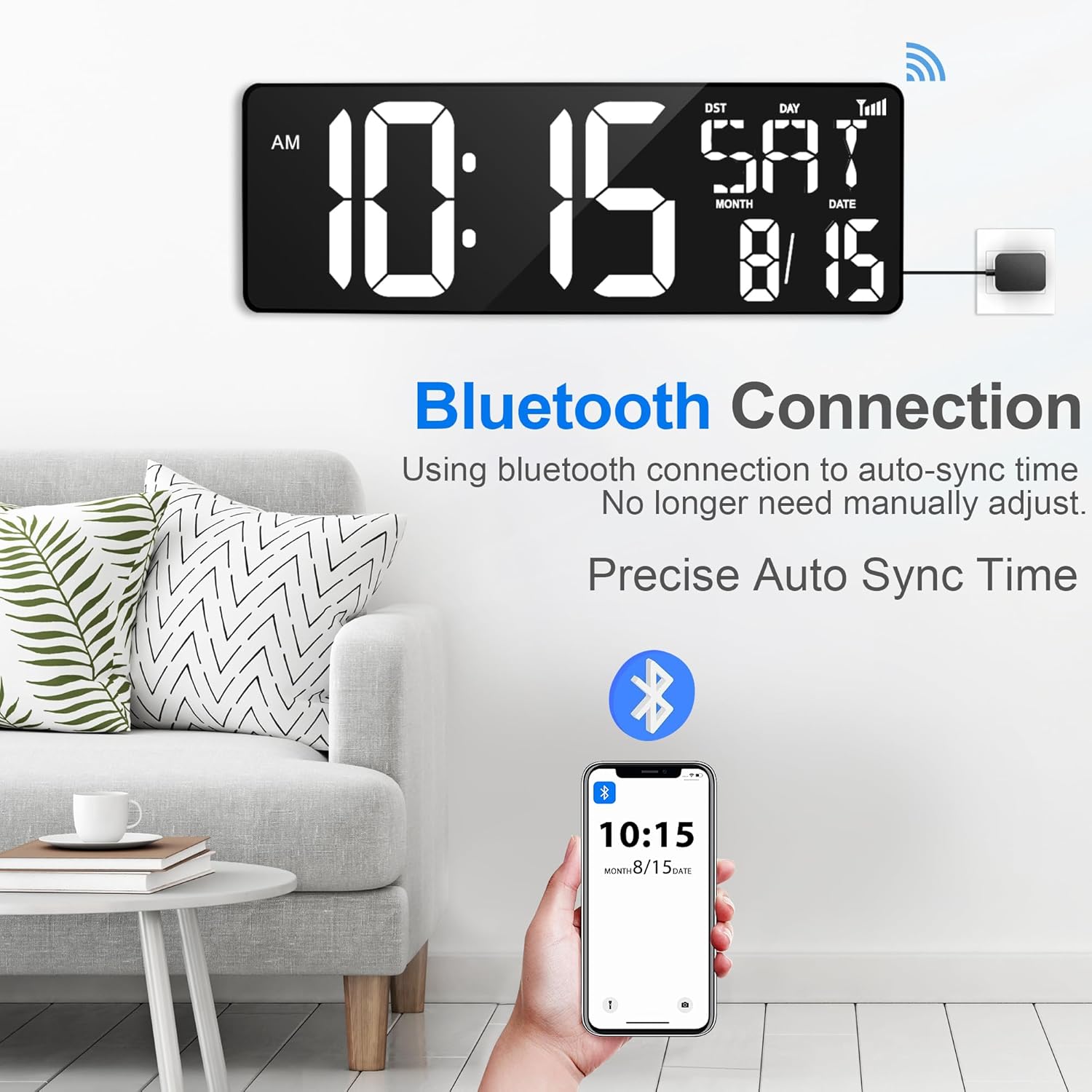 XREXS 17.2" Digital Wall Clock with Remote Control, Bluetooth Sync Time LED Digital Clock for Living Room Decor, Auto DST, Temperature for Living Room, Gift for Elderly and Teens-1