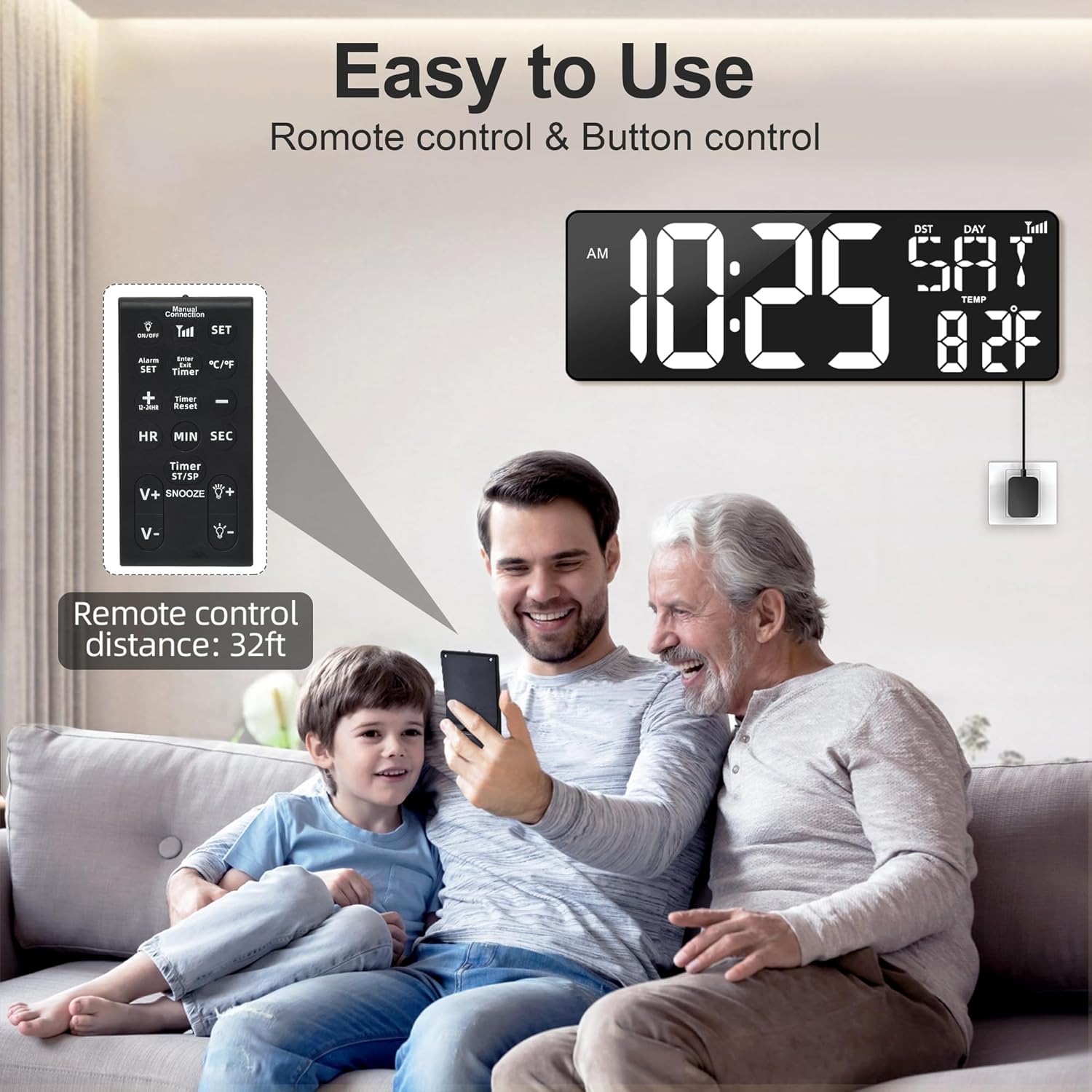 XREXS 17.2" Digital Wall Clock with Remote Control, Bluetooth Sync Time LED Digital Clock for Living Room Decor, Auto DST, Temperature for Living Room, Gift for Elderly and Teens-4