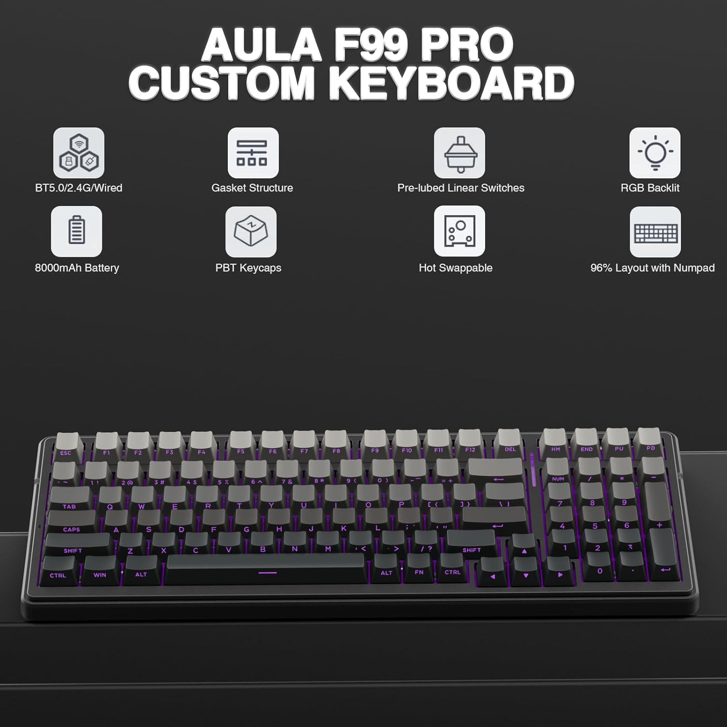 AULA F99 Pro Wireless Mechanical Keyboard,Gasket Hot Swappable Custom Keyboard,RGB Backlit,Pre-lubed Linear Switches,Side Printed PBT Keycaps,2.4GHz/USB-C/BT5.0 Mechanical Gaming Keyboard-1