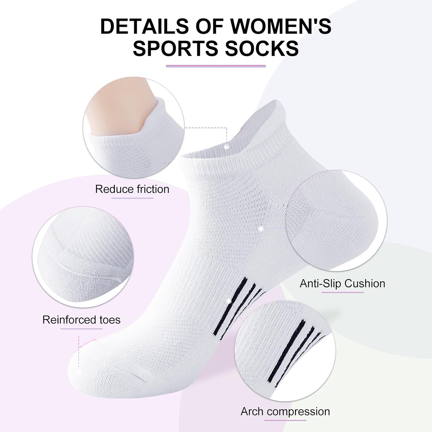 Womens Socks Ankle Socks Cotton Sports Socks 6 Pairs Breathable Anti-Blister Cushioned Running Socks 6-8/8-10-1